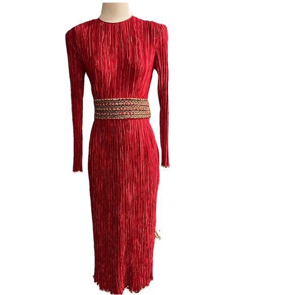 Mary McFadden Dresses & Skirts - Vintage 1980s Mary McFadden Couture Pleat Gown Midi Red Gold Holiday Size 12